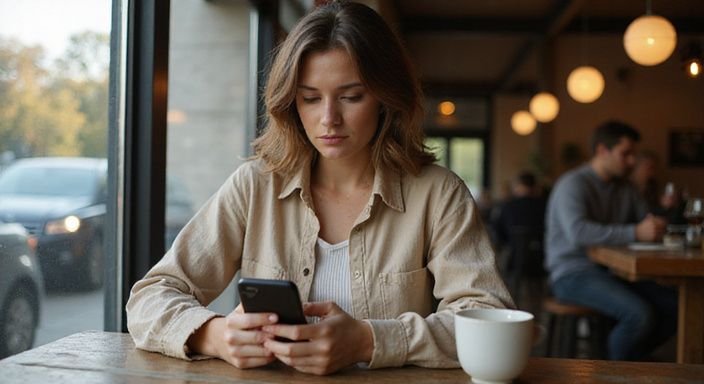 Eine nachdenkliche Frau sitzt allein in einem Café und scrollt durch Dating-Profile für Ddating in der Schweiz.