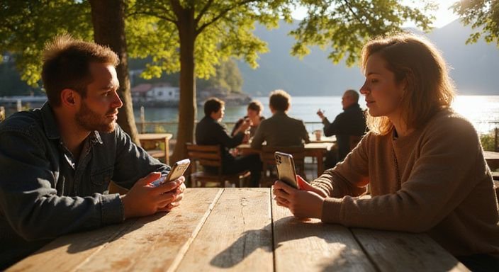 Gruppe junger Erwachsener entspannt sich in einem Café am See.