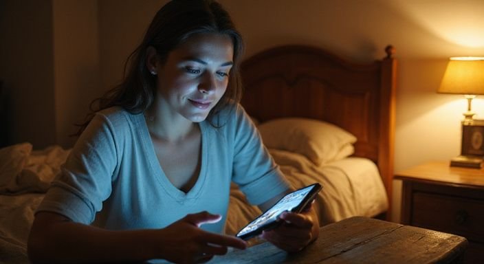 Eine Frau in den Dreißigern betrachtet konzentriert ihr Smartphone.