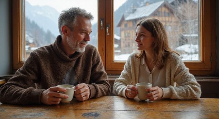 Ein herzliches Paar genießt Kaffee in einem gemütlichen Alpen-Café.