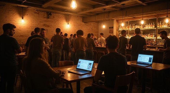 Eine Gruppe von Erwachsenen genießt Gespräche in einer Cocktailbar.