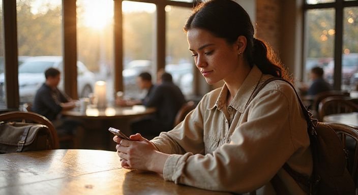 Eine junge Frau konzentriert sich auf ihr Smartphone in einem Café