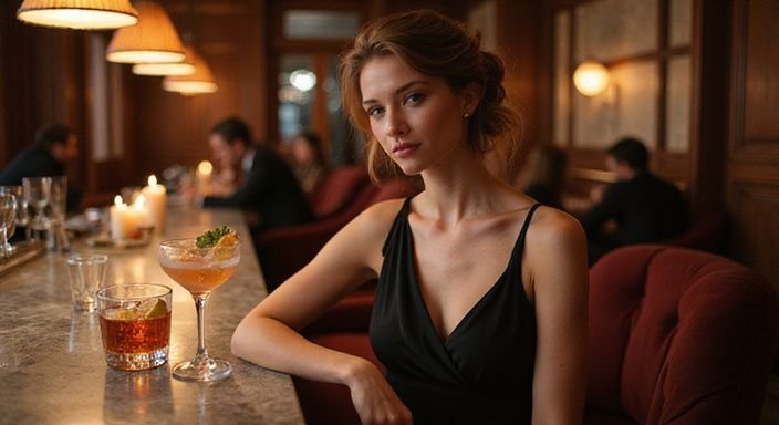 Eine elegante Frau in einem maßgeschneiderten Abendkleid sitzt an einer Hotelbar.