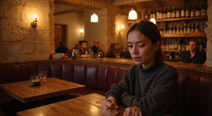 Eine Frau sitzt entspannt in einer Weinbar mit einem Glas Wein.