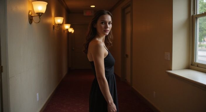 Eine Frau in einem schwarzen Kleid steht in einem Hotelflur.