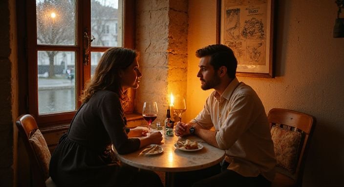 Ein Paar genießt ein romantisches Abendessen in einem historischen Café und wollen Erotisch Kontakt und Sextreffen in Lausanne.