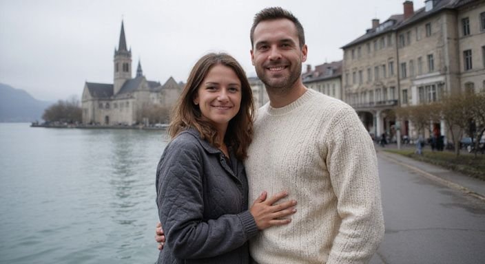 Ein Paar lächelt entspannt am Ufer des Genfersees und suche Erotisch Kontakt und Sextreffen in Lausanne.