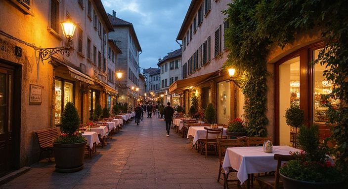 Eine romantische Straßenszene mit sozialen Treffpunkten in Biel, Schweiz.