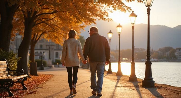 Ein Paar spaziert Hand in Hand am Bielersee-Ufer.