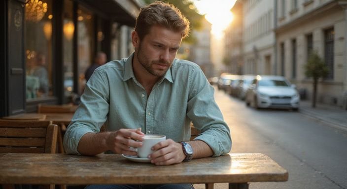 Ein nervöser Mann wartet angespannt an einem Café-Tisch.