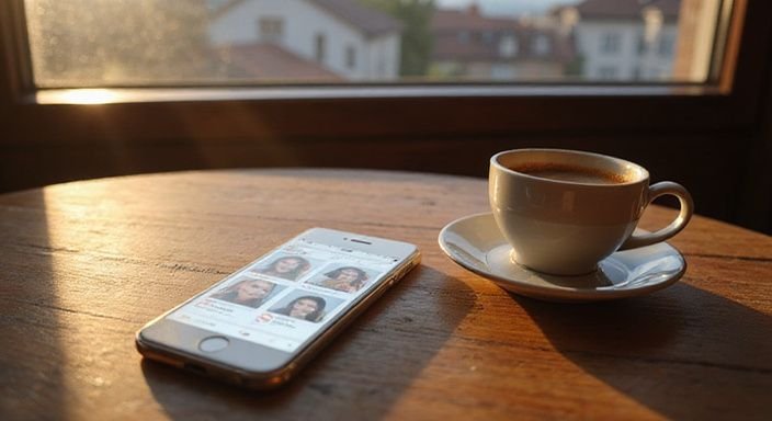 Ein Smartphone mit Dating-App für flirten und daten in Bie liegt auf einem abgenutzten Holztisch.