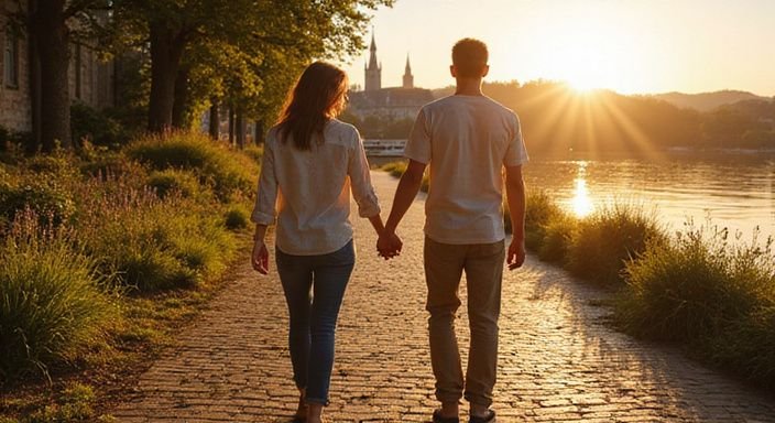 Ein Paar spaziert Hand in Hand entlang einer Uferpromenade und wollen flirten und daten in Bie.