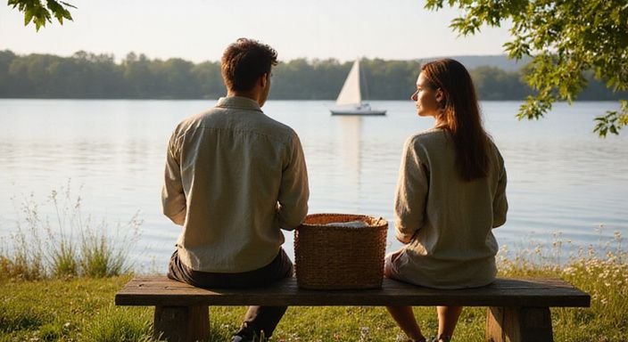 Zwei Erwachsene sitzen entspannt auf einer Bank am See.