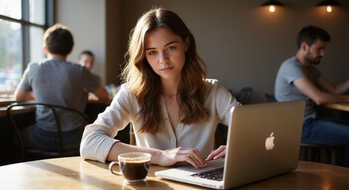 Eine konzentrierte Frau in einem Café, umgeben von technischen Geräten wollen flirten und daten in Bie.