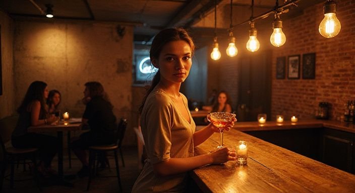 Eine Frau genießt einen Cocktail in einer eleganten Bar.