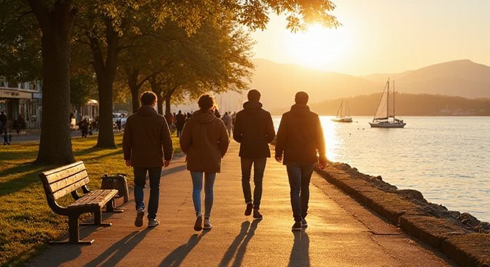Gruppe von Erwachsenen spaziert entspannt am Bielersee-Ufer.