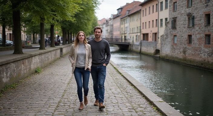 Ein Paar spaziert entspannt entlang einer Kopfsteinpflaster-Promenade.