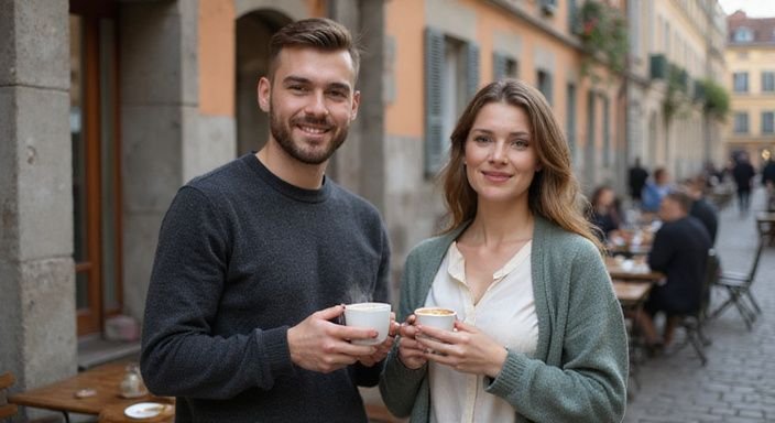 Ein Paar genießt Kaffee in einem historischen Café im Freien un dwollen flirten und daten in Biel.
