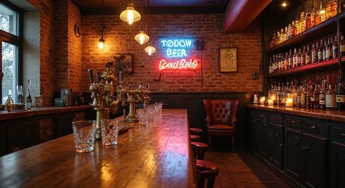 Gemütliche Bar mit verwittertem Holz und vintage Dekor.