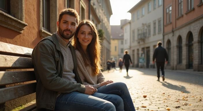 Zwei Personen genießen einen entspannten Moment auf einer Bank im Altstadt.