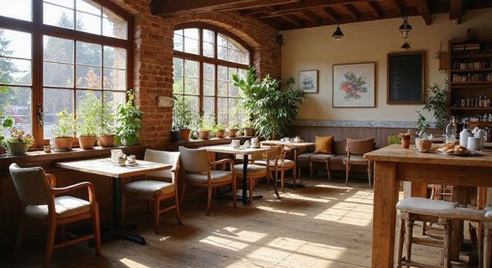 Schweizer Café mit Holzinterieur, Croissants und gemütlichen Sitzgelegenheiten.