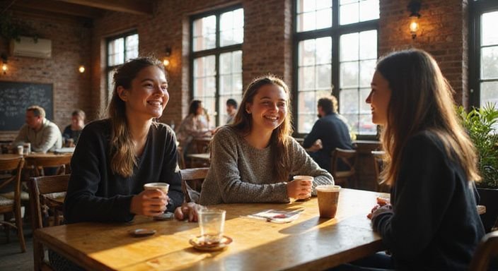 Eine Gruppe junger Erwachsener lacht und unterhält sich in einem Café.