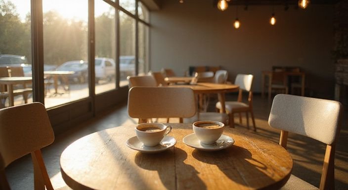 Ein einladendes Café mit minimalistischer Einrichtung und leeren Tischen.