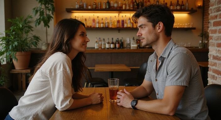 Zwei Personen entspannen sich bei einem Gespräch über firten und daten in Winterthur in einer Cocktail-Lounge.
