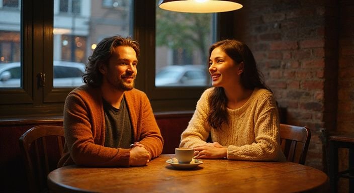 Zwei Erwachsene genießen Kaffee und entspannen in einem gemütlichen Café.