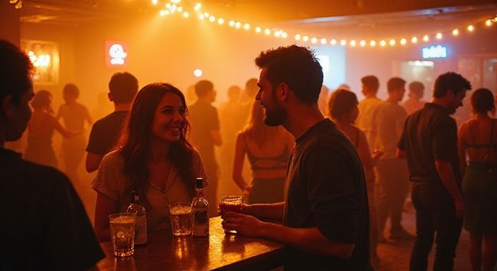 Eine Gruppe junger Erwachsener genießt ungezwungene Gespräche bei einer Singles-Veranstaltung.