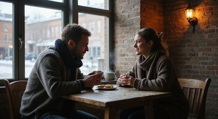 Zwei Erwachsene genießen eine intime Unterhaltung in einem Café und wollenfirten und daten in Winterthur.