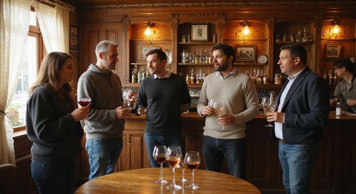 Eine Gruppe entspannter Erwachsene in einer authentischen Schweizer Restaurantbar.