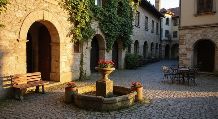 Ein leerer Platz in Churs Altstadt mit historischen Gebäuden und Pflanzen.