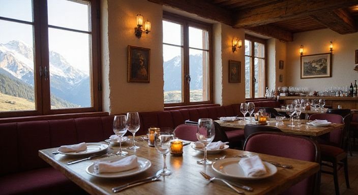 Elegantes Restaurant-Interieur in Graubünden mit alpinem Charme.
