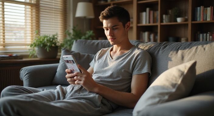 Eine nachdenkliche Person entspannt auf einem modernen Sofa mit Smartphone und suche flirt kontakt in Graubünden.