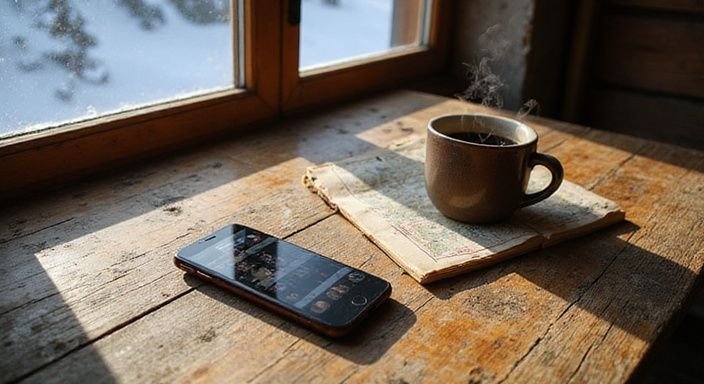 Ein Smartphone liegt auf einem rustikalen Tisch neben Kaffee und Notizen.