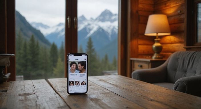 Ein Smartphone auf einem Holztisch mit Blick auf schneebedeckte Berge.