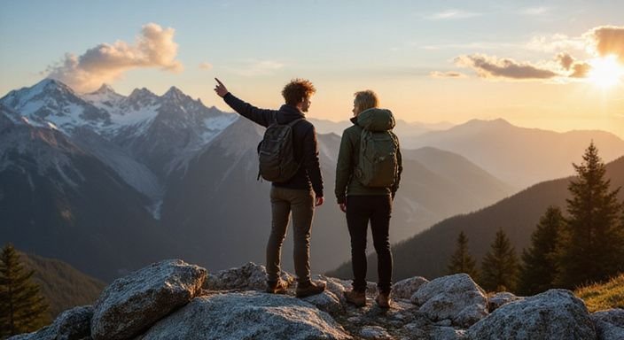 Zwei junge Erwachsene auf einem alpinen Grat in Graubünden.