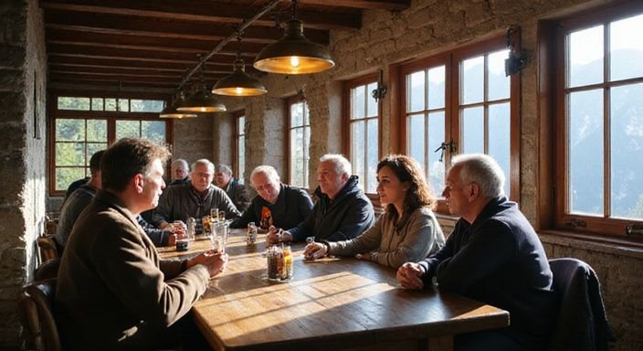 Eine multigenerationale Gruppe genießt eine liebevolle Unterhaltung in einem Alpengasthof.