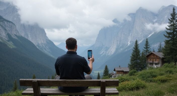 Ein nachdenklicher Mann scrollt durch Dating-Apps für flirt kontakt in Graubünden in den Alpen.