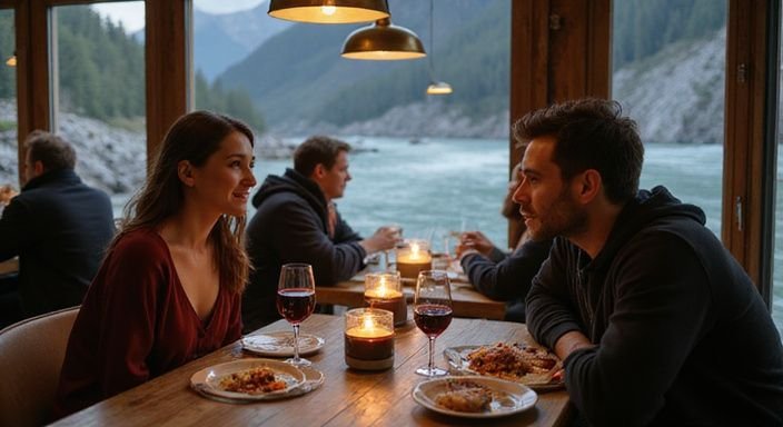 Ein Paar genießt ein romantisches Abendessen in einem modernen Restaurant.