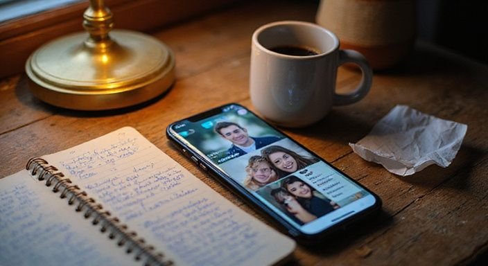 Ein Smartphone auf einem Holztisch zeigt eine Dating-App-Oberfläche.