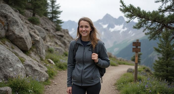 Eine lächelnde Frau wandert entspannt auf einem abgelegenen Bergpfad.