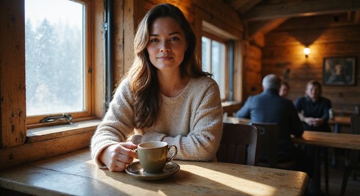 Eine Frau sitzt an einem rustikalen Holztisch mit einer Tasse und wollen flirt kontakt in Graubünden.