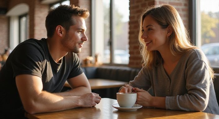 Junge Menschen in Café, entspanntes Gespräch und authentische Emotionen