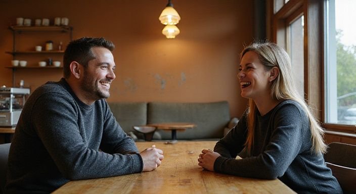 Zwei Personen lachen entspannt bei einem Kaffee in einem Café
