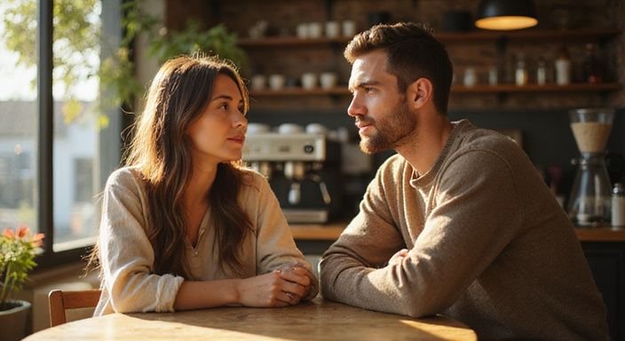 Eine Frau und ein Mann sitzen in einem Café und unterhalten sich