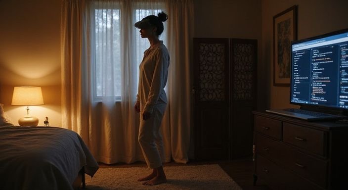 Eine Frau in Seidenpyjamas nutzt einen MacBook in ihrem Schlafzimmer.