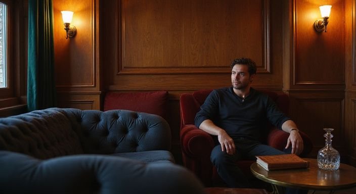 Ein nachdenklicher Mann sitzt entspannt in einem eleganten Lounge-Bereich.