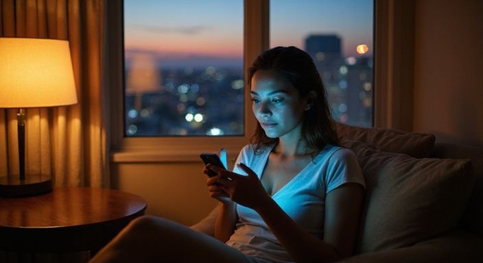 Eine nachdenkliche Frau sitzt allein in einem eleganten Hotelzimmer und suche Heimlicher Sexkontakt in Zürich.